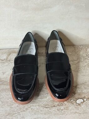 Franco Sarto Black Patent Penny Loafers with Brown Sole